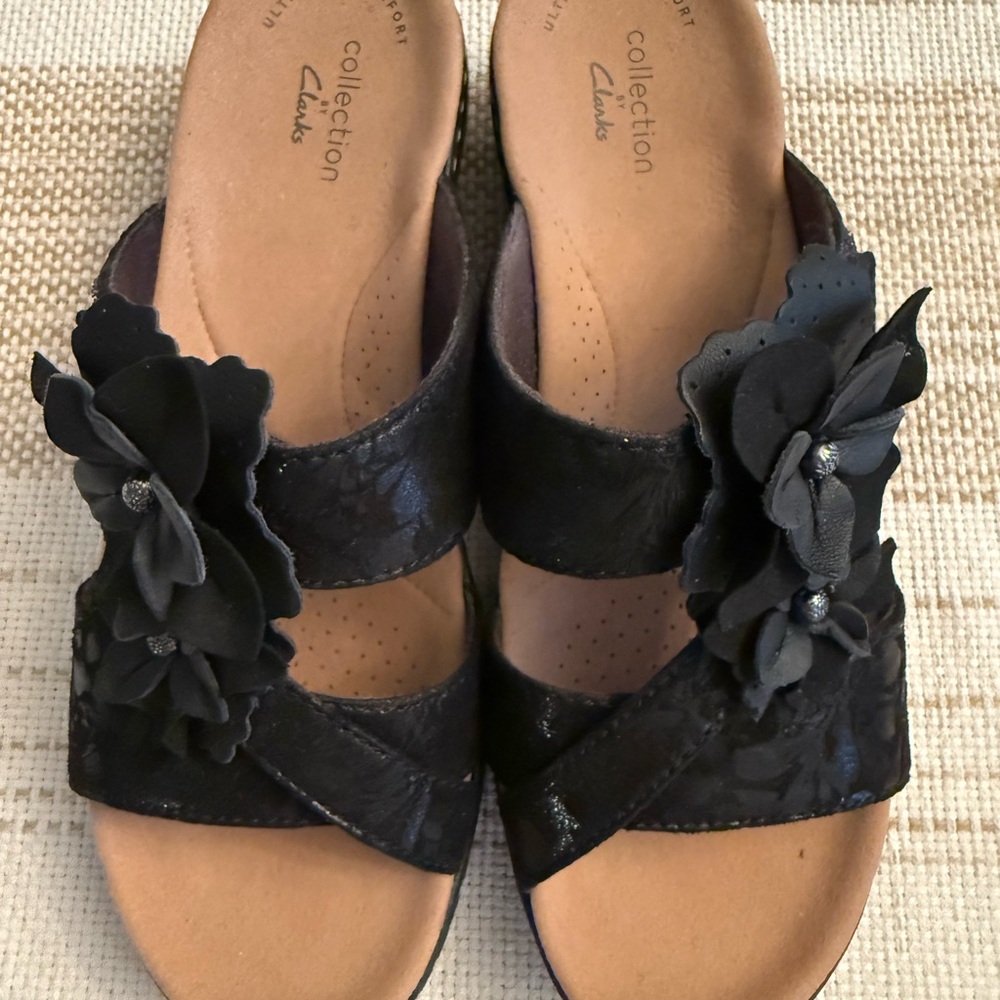 Clarks Black Slide Sandals with Floral Design